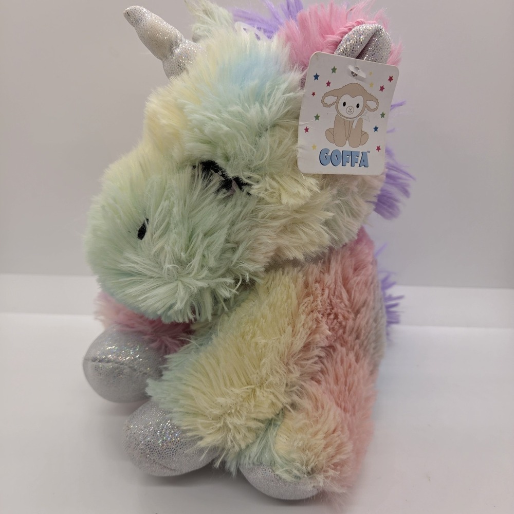 Goffa Pastel Rainbow Unicorn Plush Stuffed Animal Silver Horn NWT